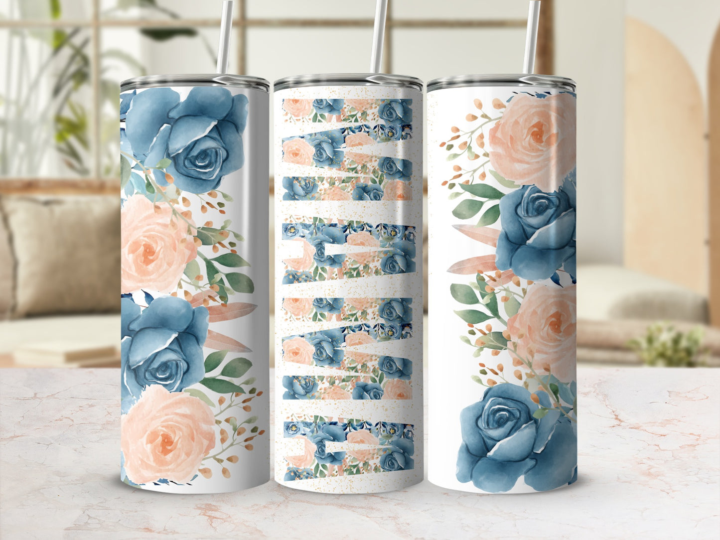 Elegant Blue and Peach Floral Tumbler with Straw