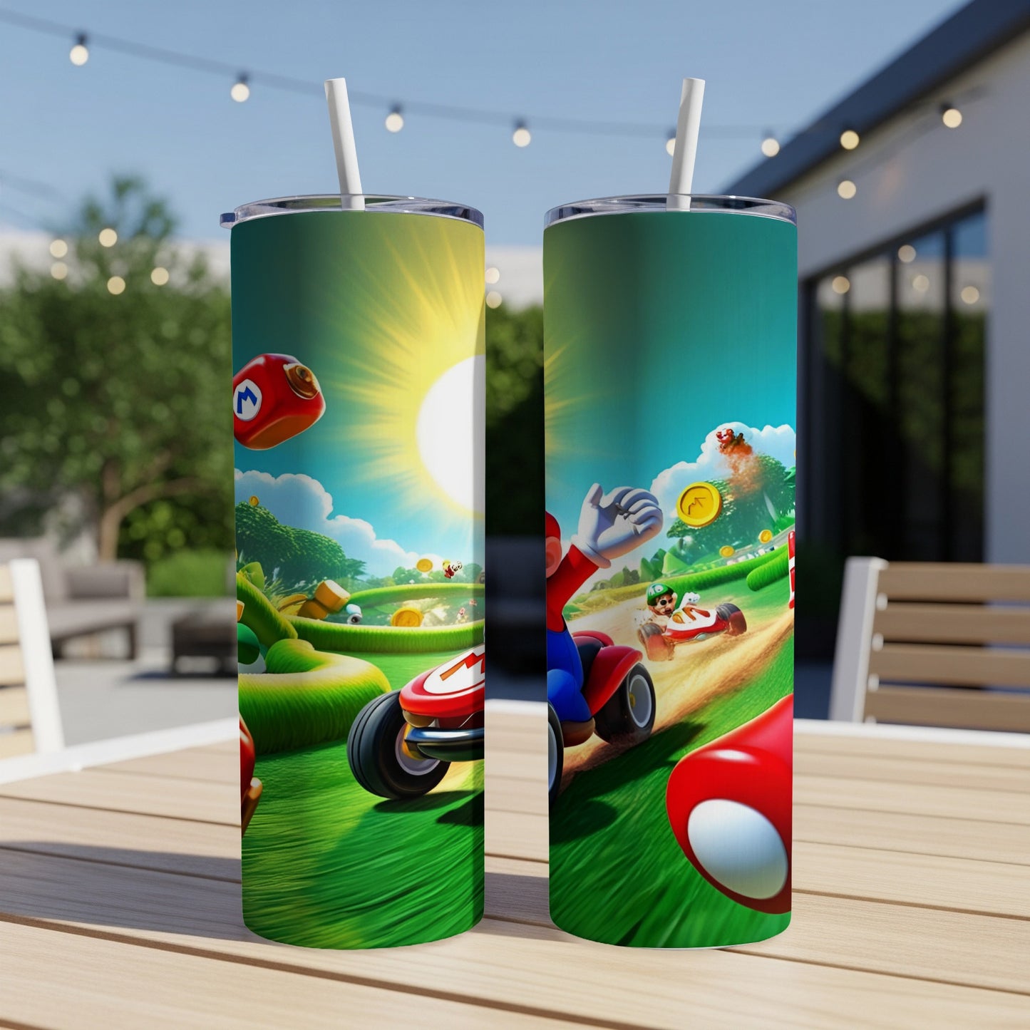 Mario Kart racing game scene on two tumblers.