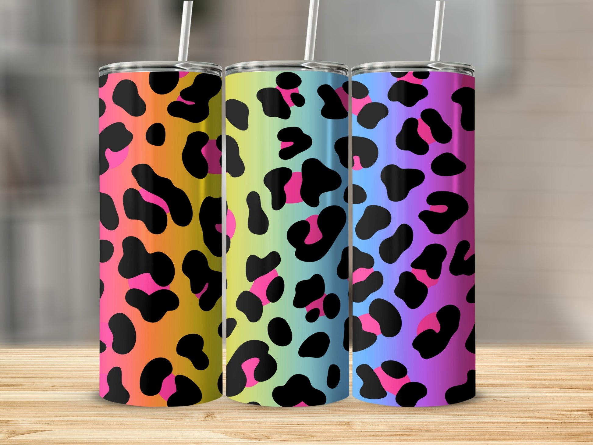Colorful Leopard Print Tumblers With Straw Retro Style