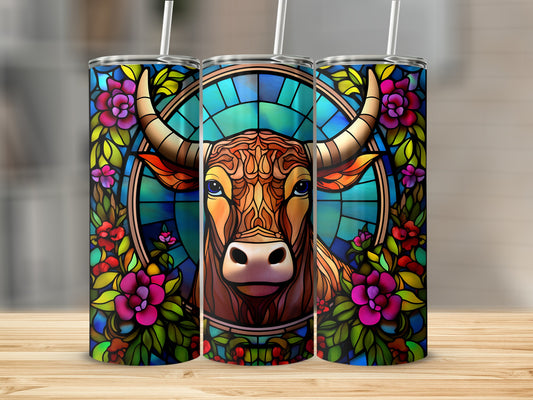 Stained glass bull surrounded by colorful flowers, on three tumblers.