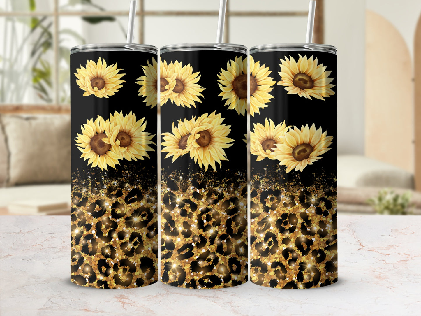 Black tumbler with sunflowers and glitter leopard print.