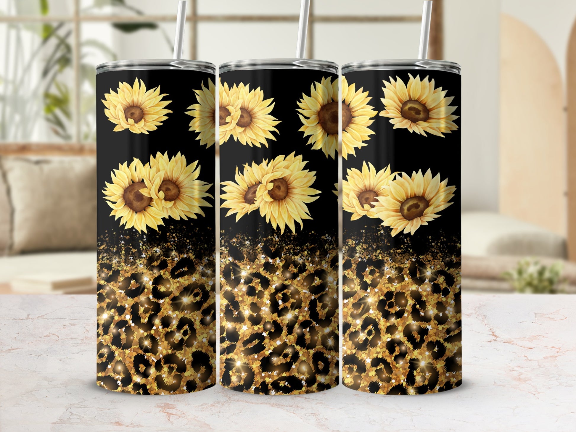 Black tumbler with sunflowers and glitter leopard print.
