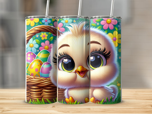 Cute chick with big eyes next to a basket of Easter eggs.