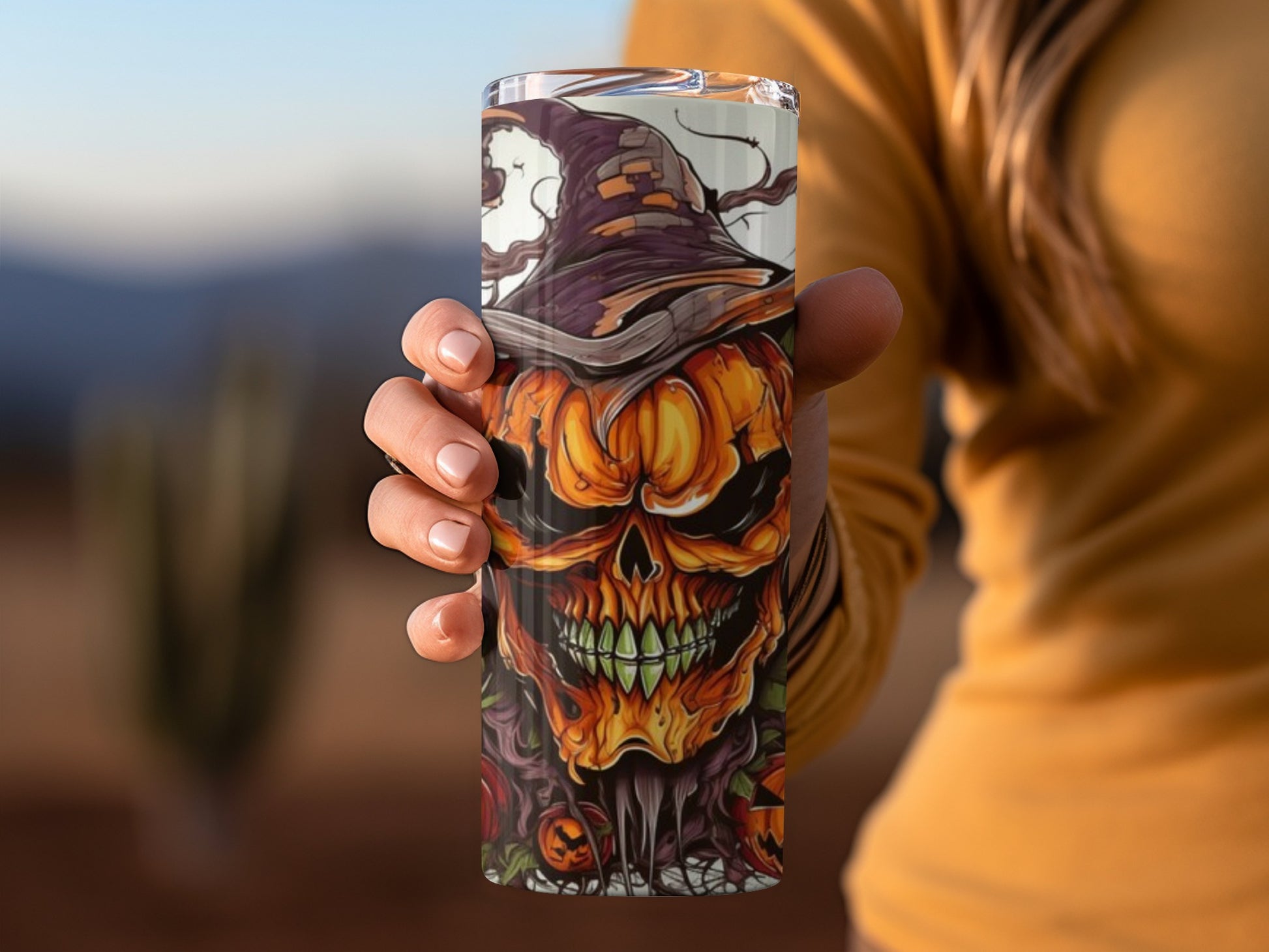 Halloween Pumpkin Skull with Witch Hat Tumbler Product
