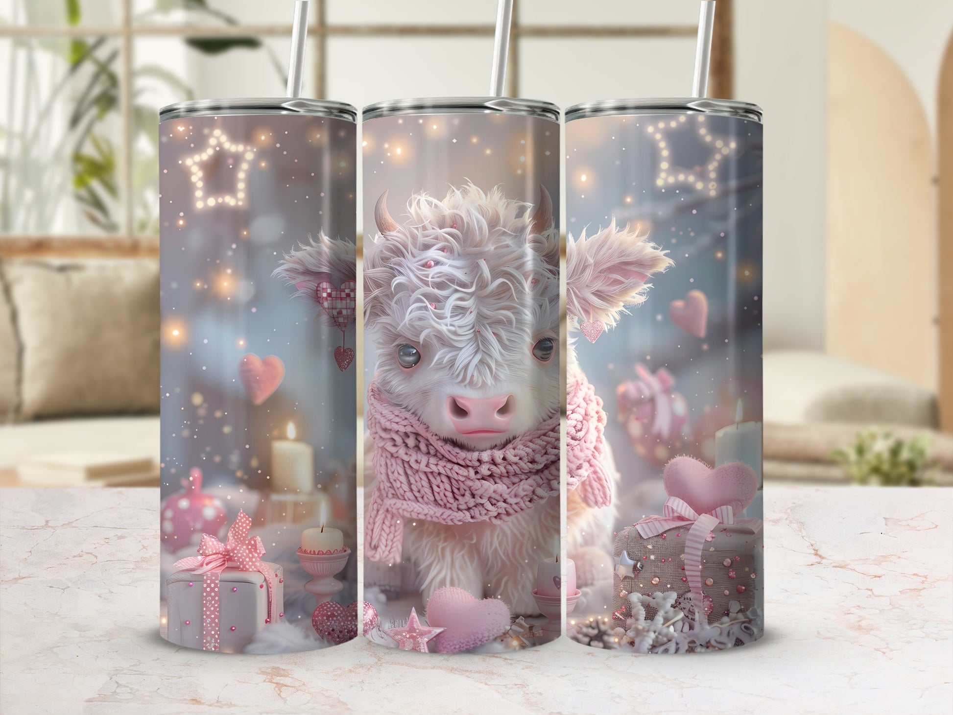 Pink scarf-wearing Highland cow surrounded by holiday gifts and candles.