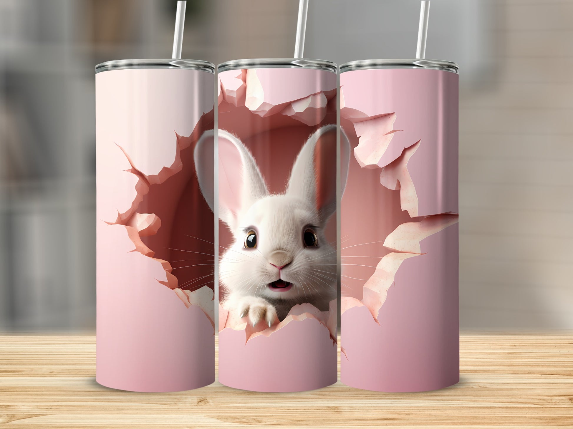 Adorable Bunny Breaking Through Pink Tumbler Product