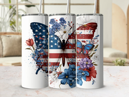 Three tumblers with American flag butterfly and floral designs.