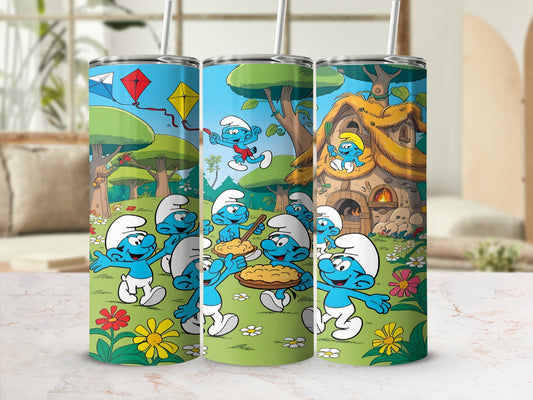 Smurfs in a meadow with mushroom houses, kites, and pies.