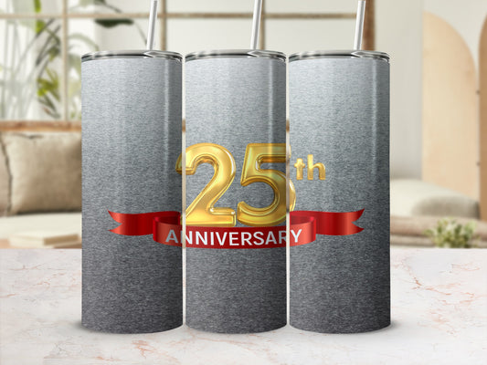 Gold "25th Anniversary" text on red ribbon with three tumblers.