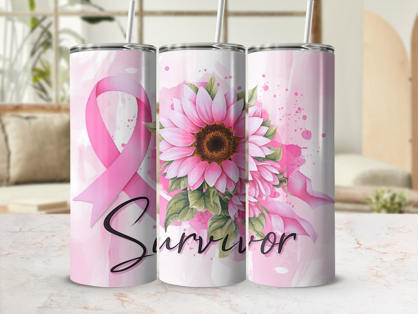 Pink ribbon and sunflower design on three tumblers with "Survivor" text.