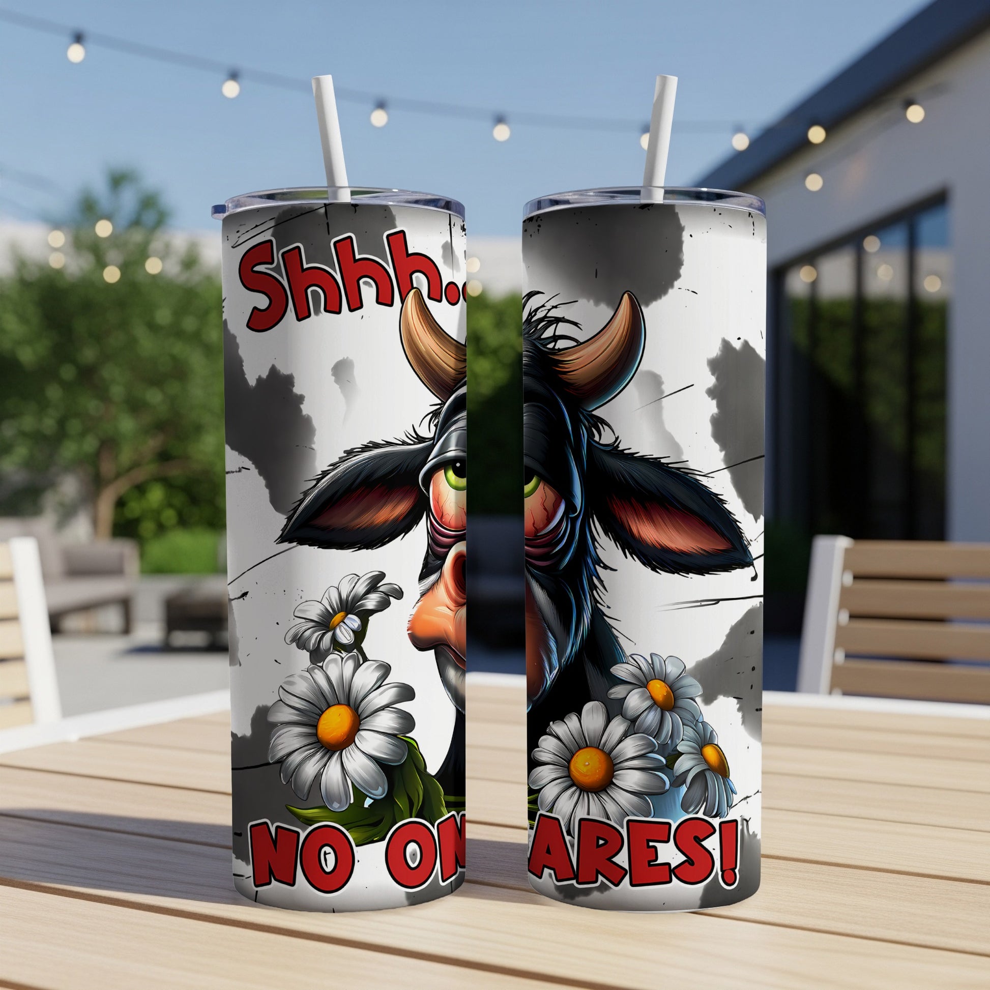 Black cow with red eyes and flowers says "Shhh. NO ON ARES!"