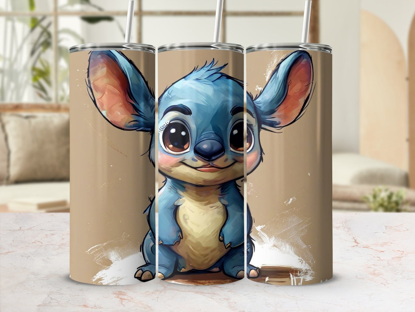 Blue alien character with large ears, smiling, on a beige background.