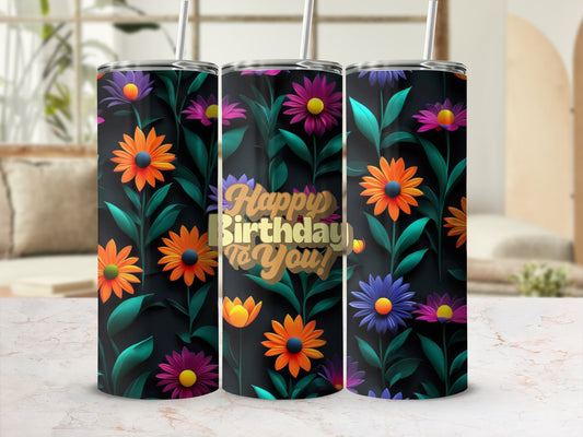 Tall tumbler with colorful floral pattern and "Happy Birthday to You" text.