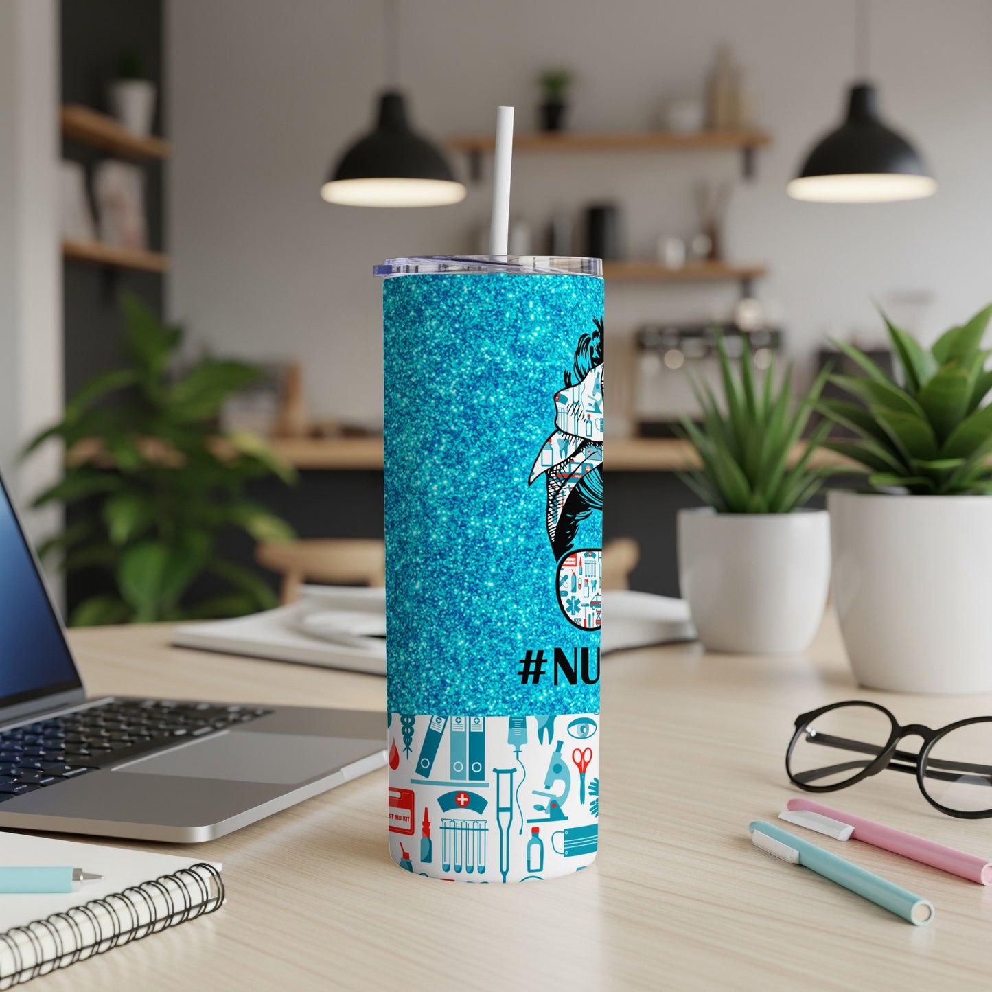 Turquoise glitter tumbler with medical icons and "#Nurse" text.