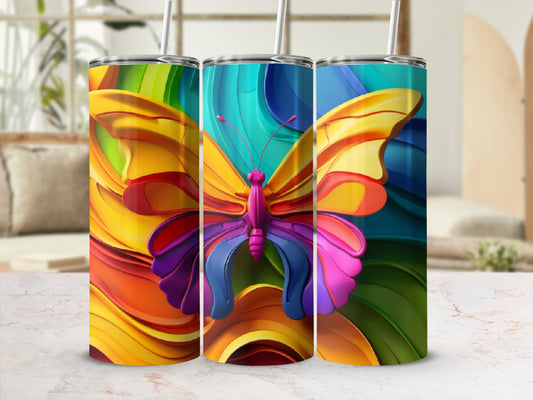 Colorful butterfly design on three matching tumblers.