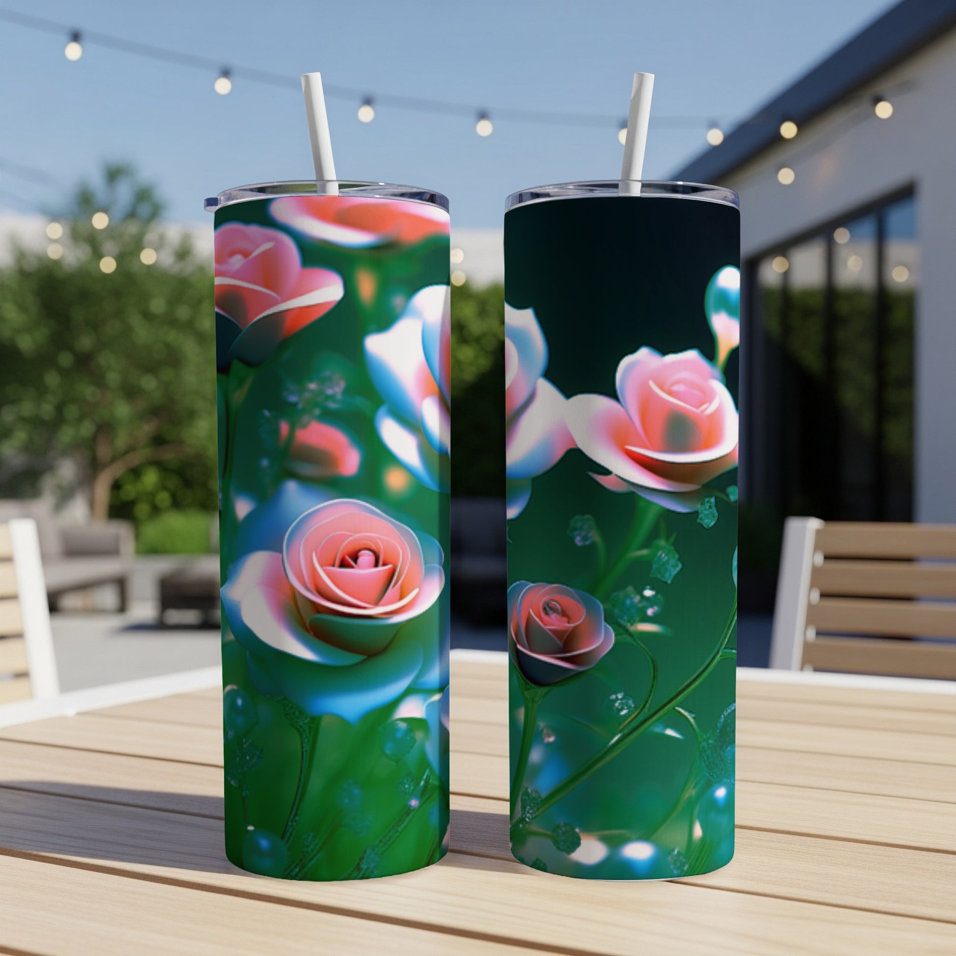 Two tumblers with pink and blue roses, on a table outdoors.