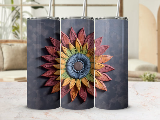 Three tumblers featuring a colorful, textured sunflower design.