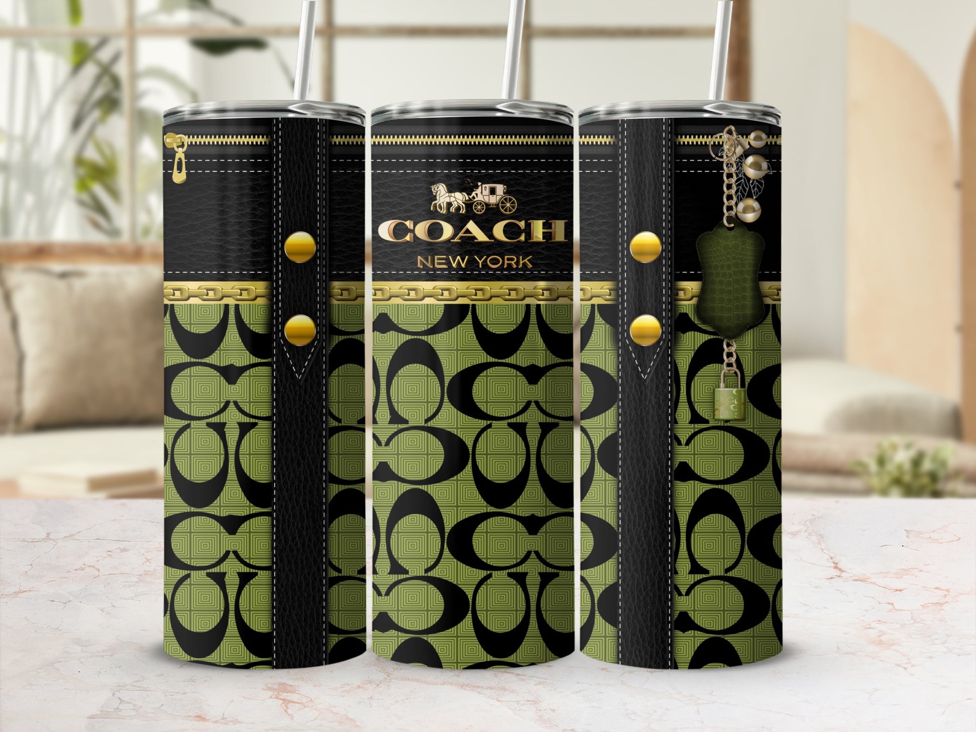 Coach New York Patterned Green and Black Tumblers