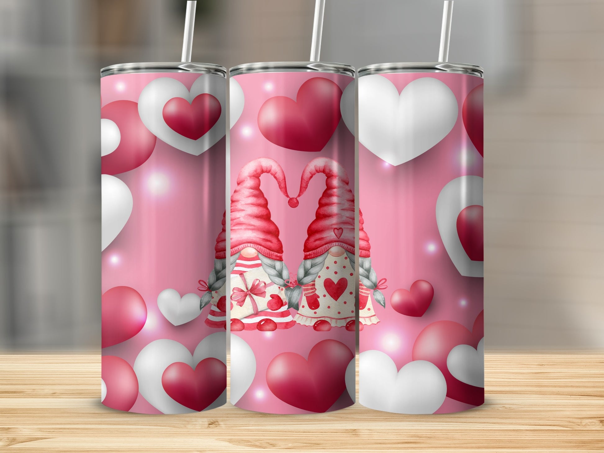 Cute Valentine Gnomes And Hearts Tumbler Design