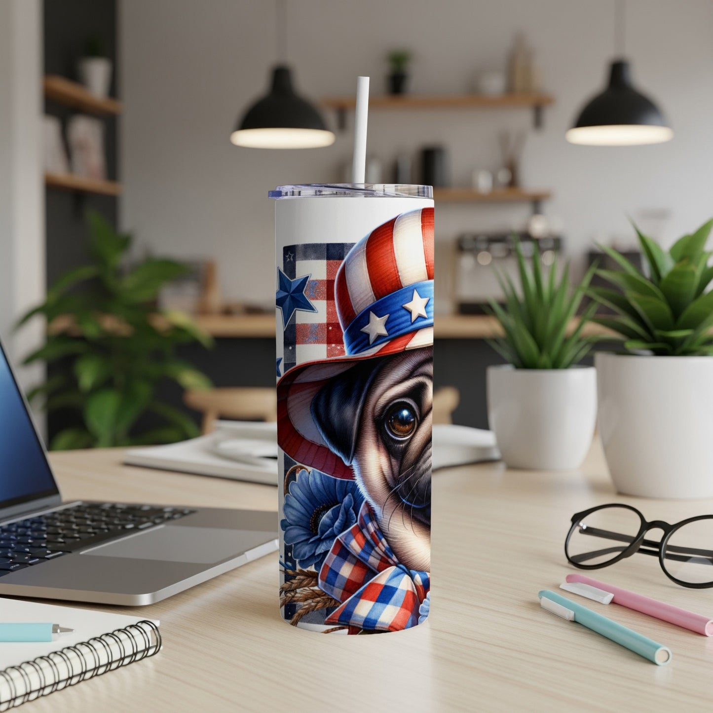 Patriotic pug in hat on tumbler with US flag design.