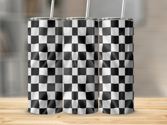 Three tumblers with black and white checkered racing flag pattern.