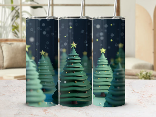Christmas trees with stars and bokeh lights on a blue background.