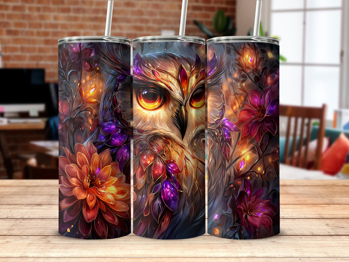 Enchanting Owl and Flower Artwork Tumblers Set