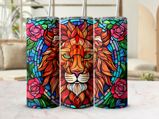 Stained glass lion with roses on a tumbler.