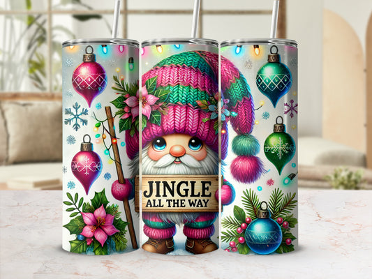 Christmas gnome tumbler with "Jingle All The Way" sign and festive ornaments.