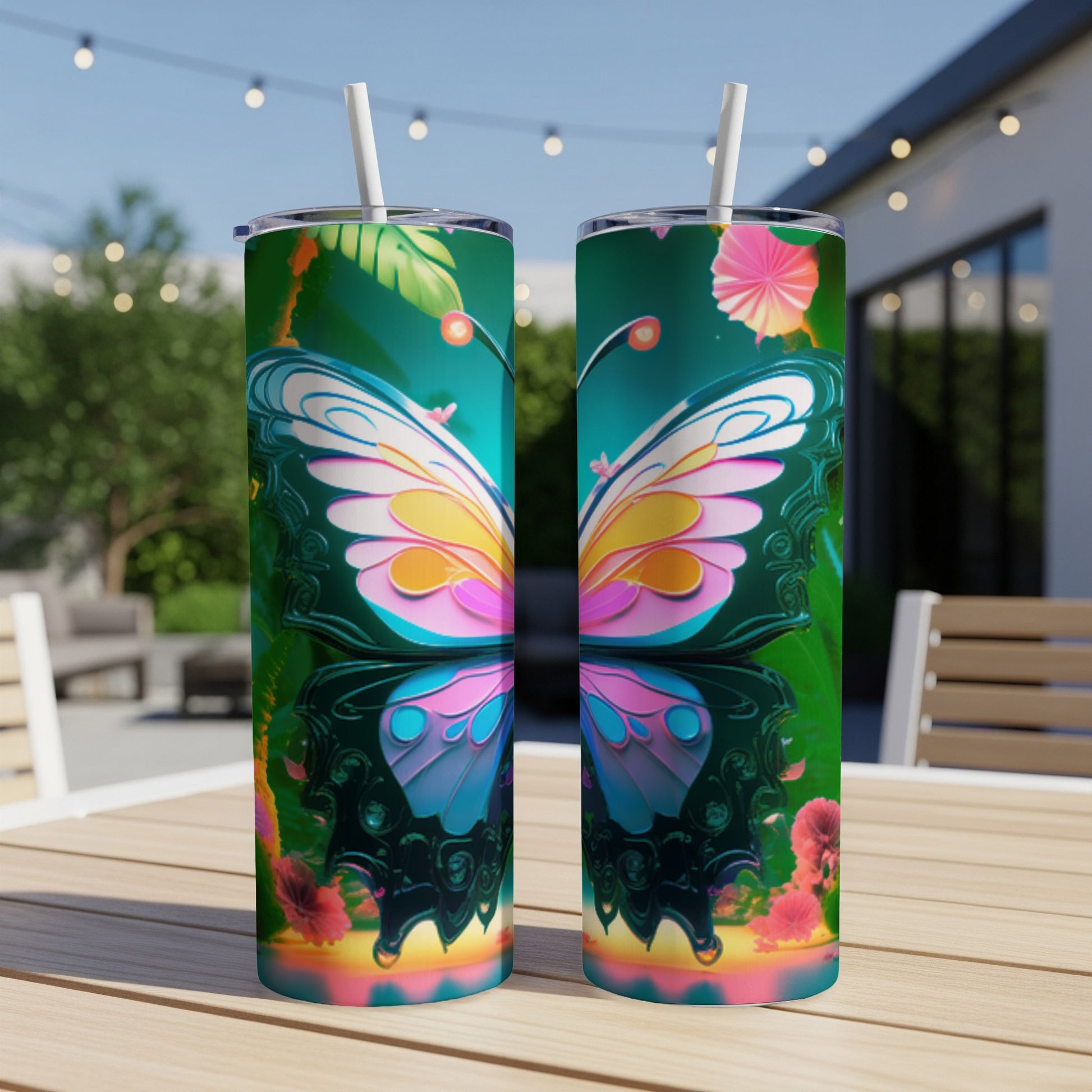 Two tumblers with iridescent butterfly wings and floral accents.