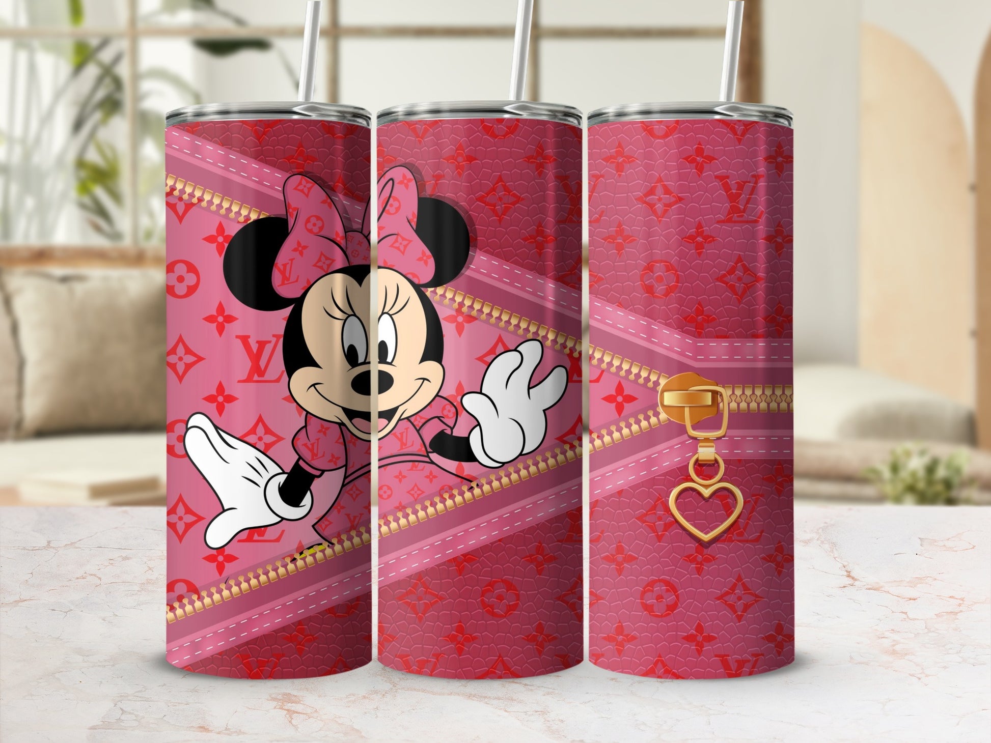 Minnie Mouse on pink zipper design tumbler.