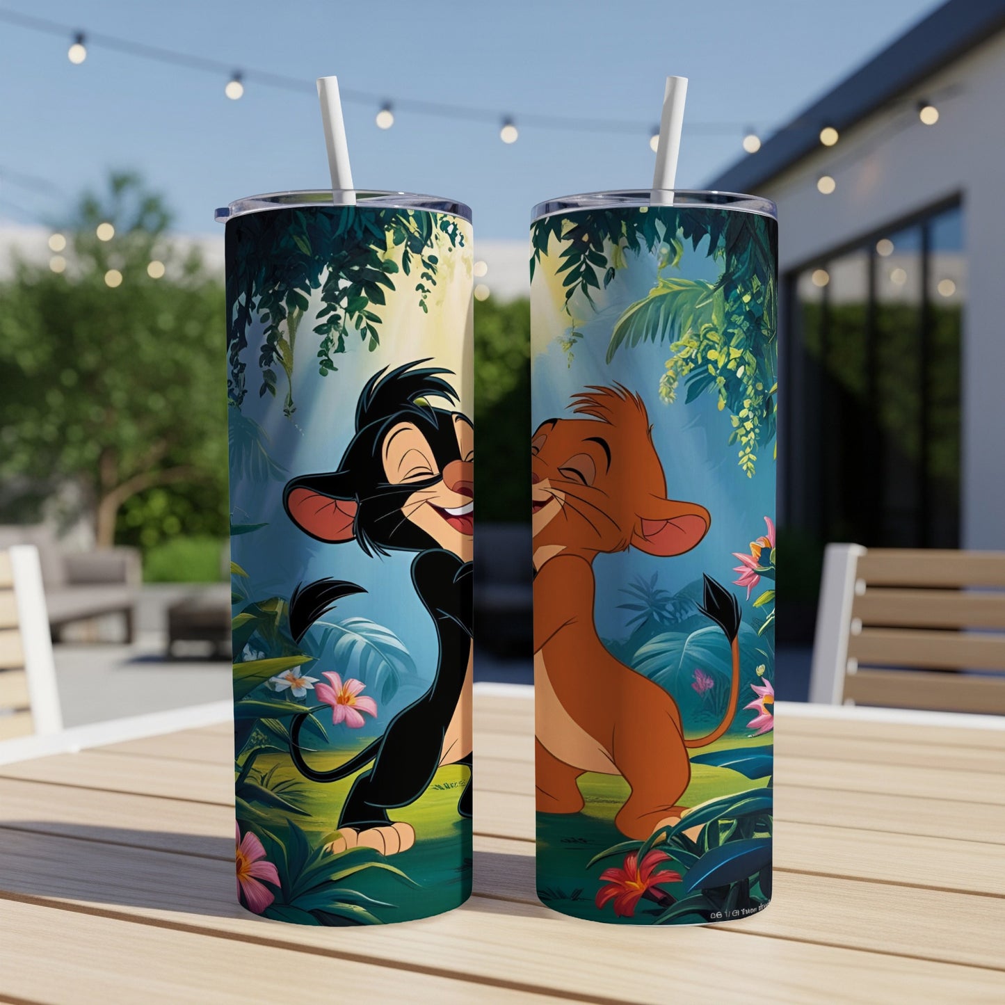 Simba and Nala from The Lion King on a tropical-themed tumbler.