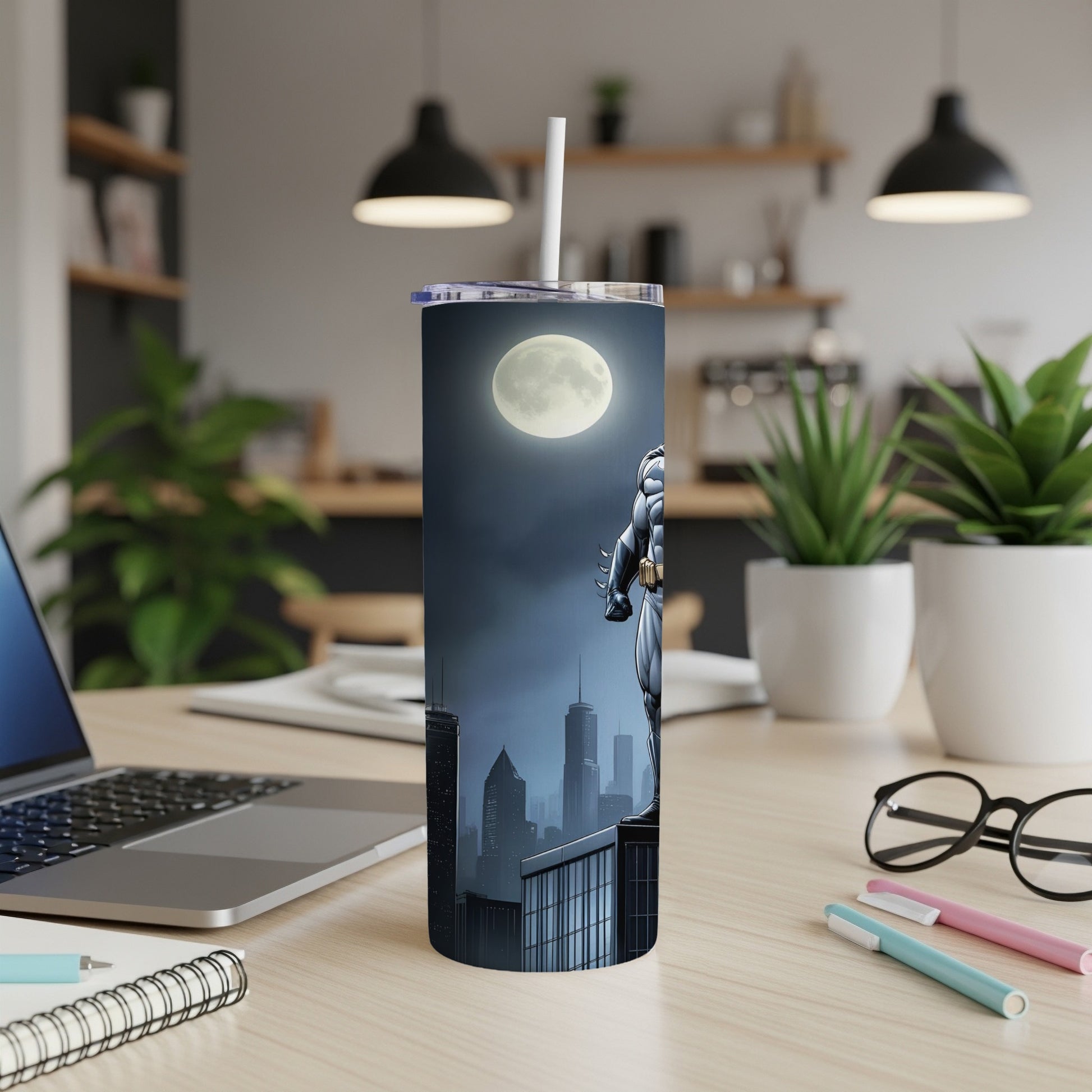 Batman character art on a tumbler with cityscape background and moon.