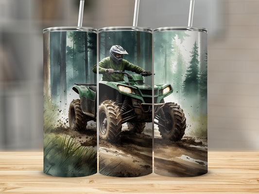 Green ATV rider in a wooded trail, watercolor art.