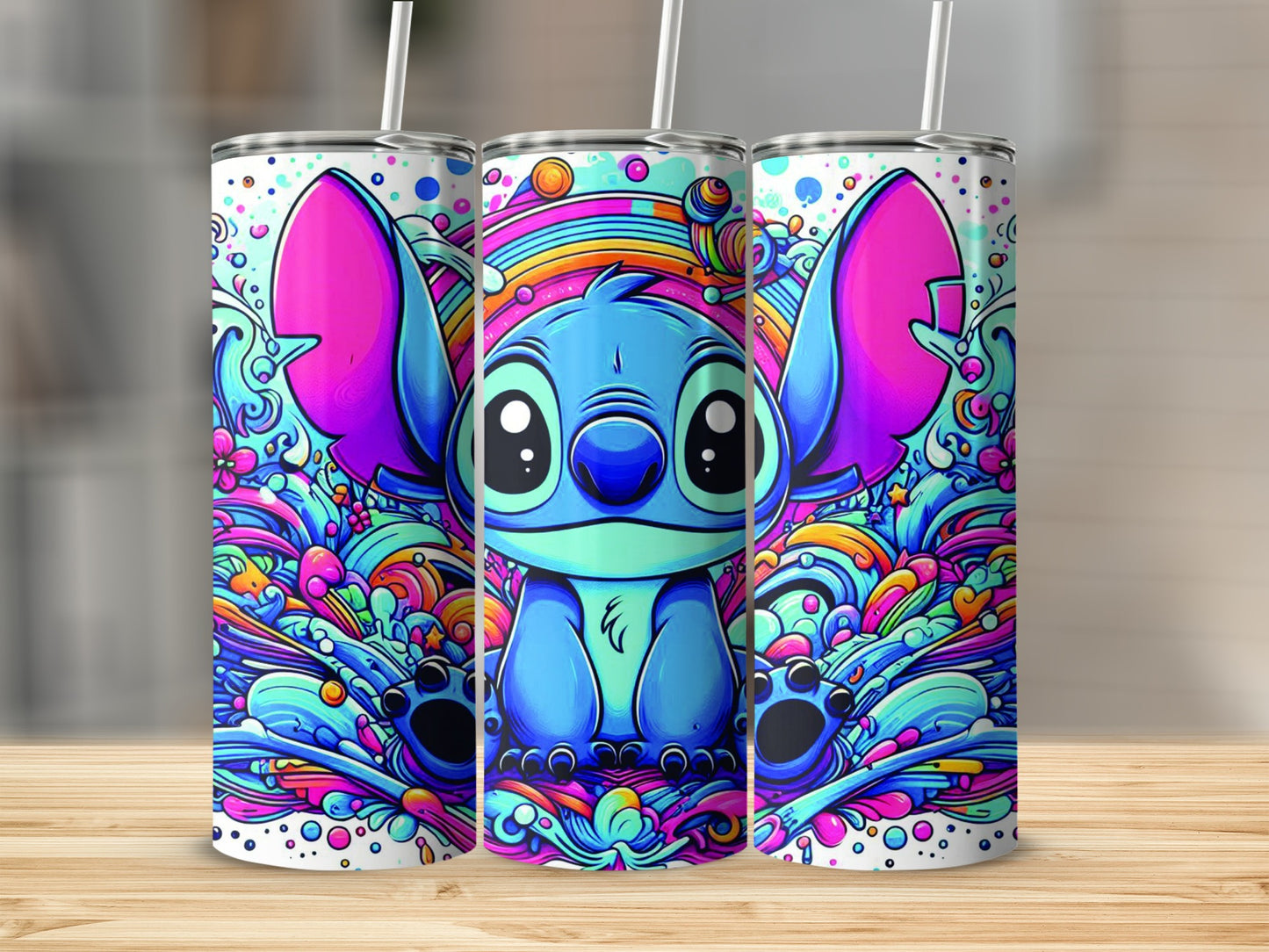 Cartoon Stitch character with colorful, abstract, psychedelic background on a tumbler.