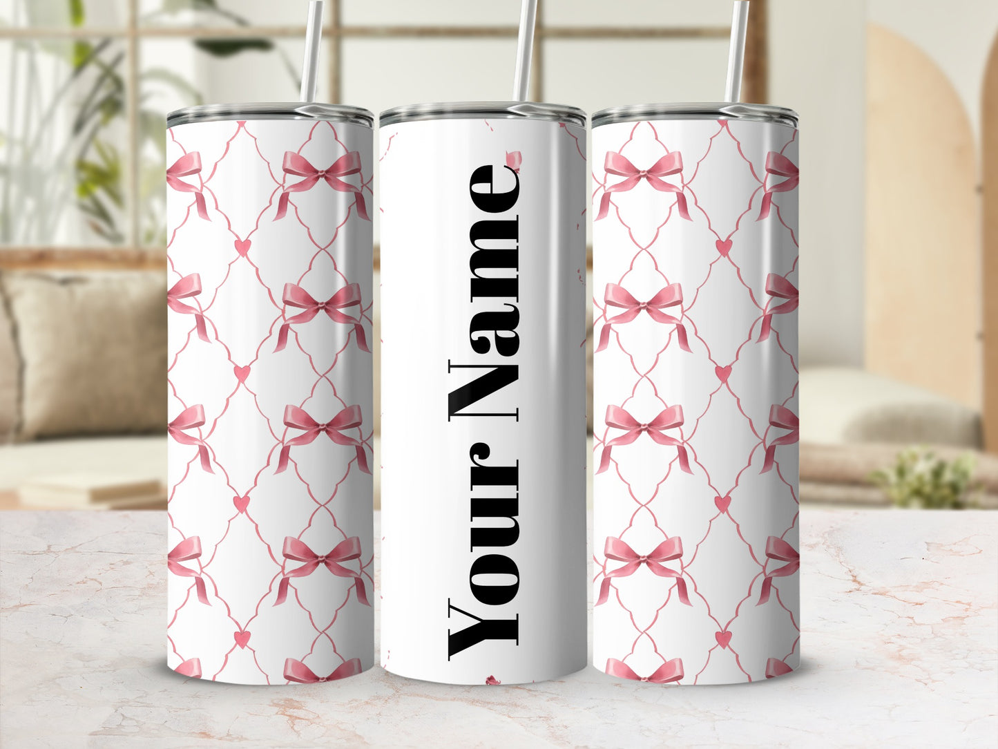 Customizable Pink Bow Pattern Tumbler with Straw