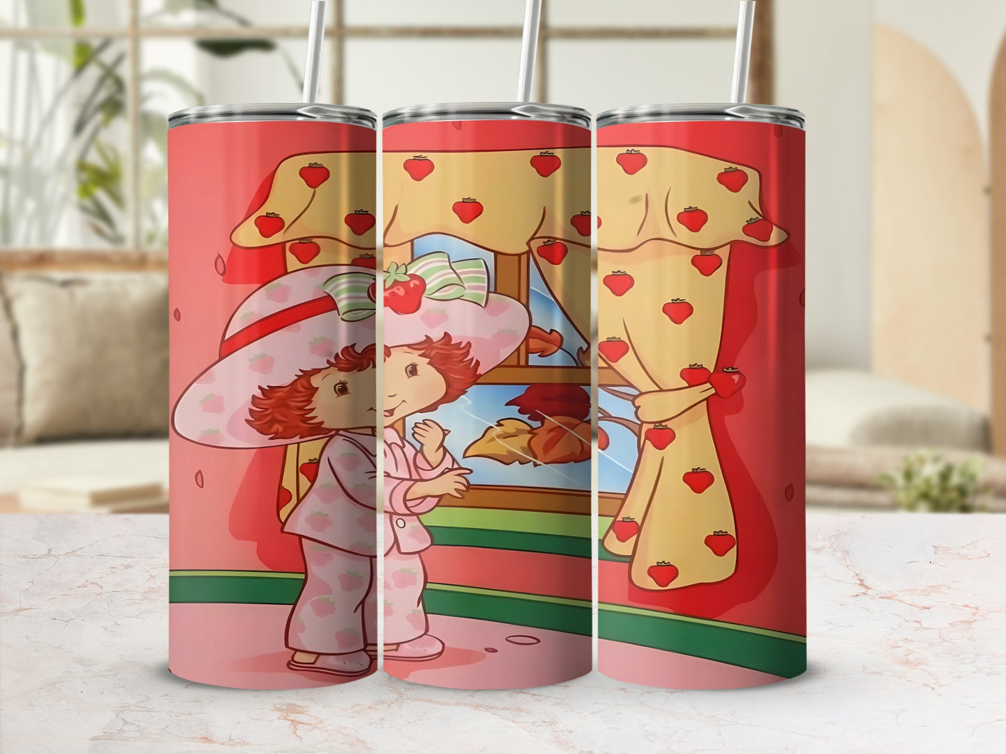 Strawberry Shortcake character in pajamas and hat with strawberries on pink background.