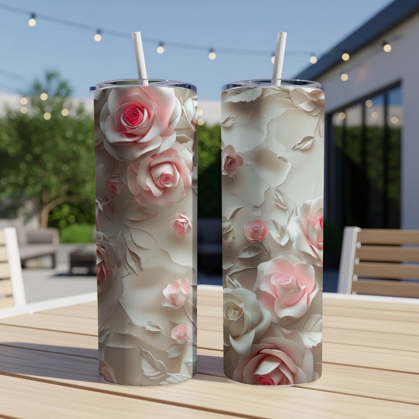 Two tall tumblers with a textured rose floral design.