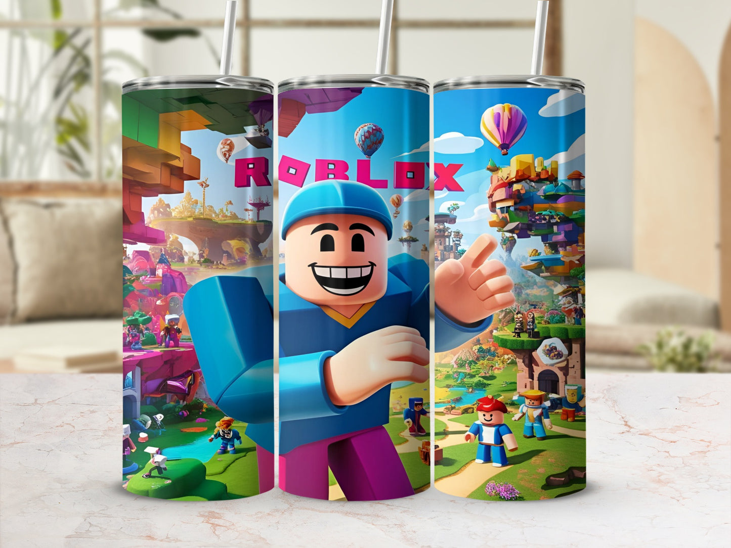 Roblox themed tumbler with character and colorful landscape.