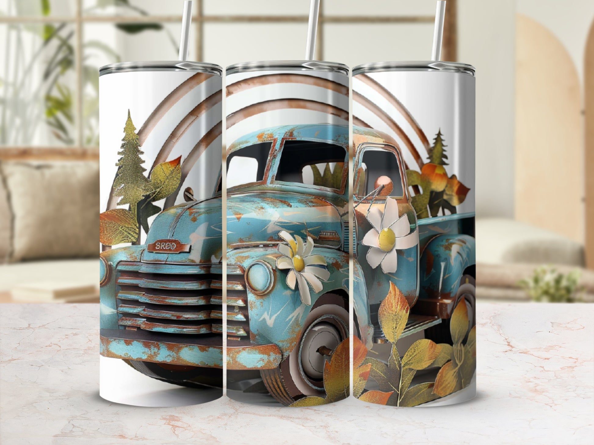 Blue vintage truck with floral and leaf design on a tumbler.