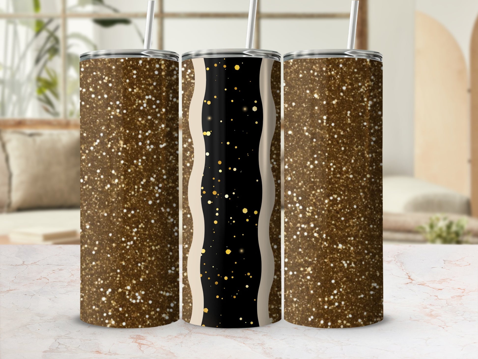 Three tumblers with a gold glitter pattern and black wavy accents.