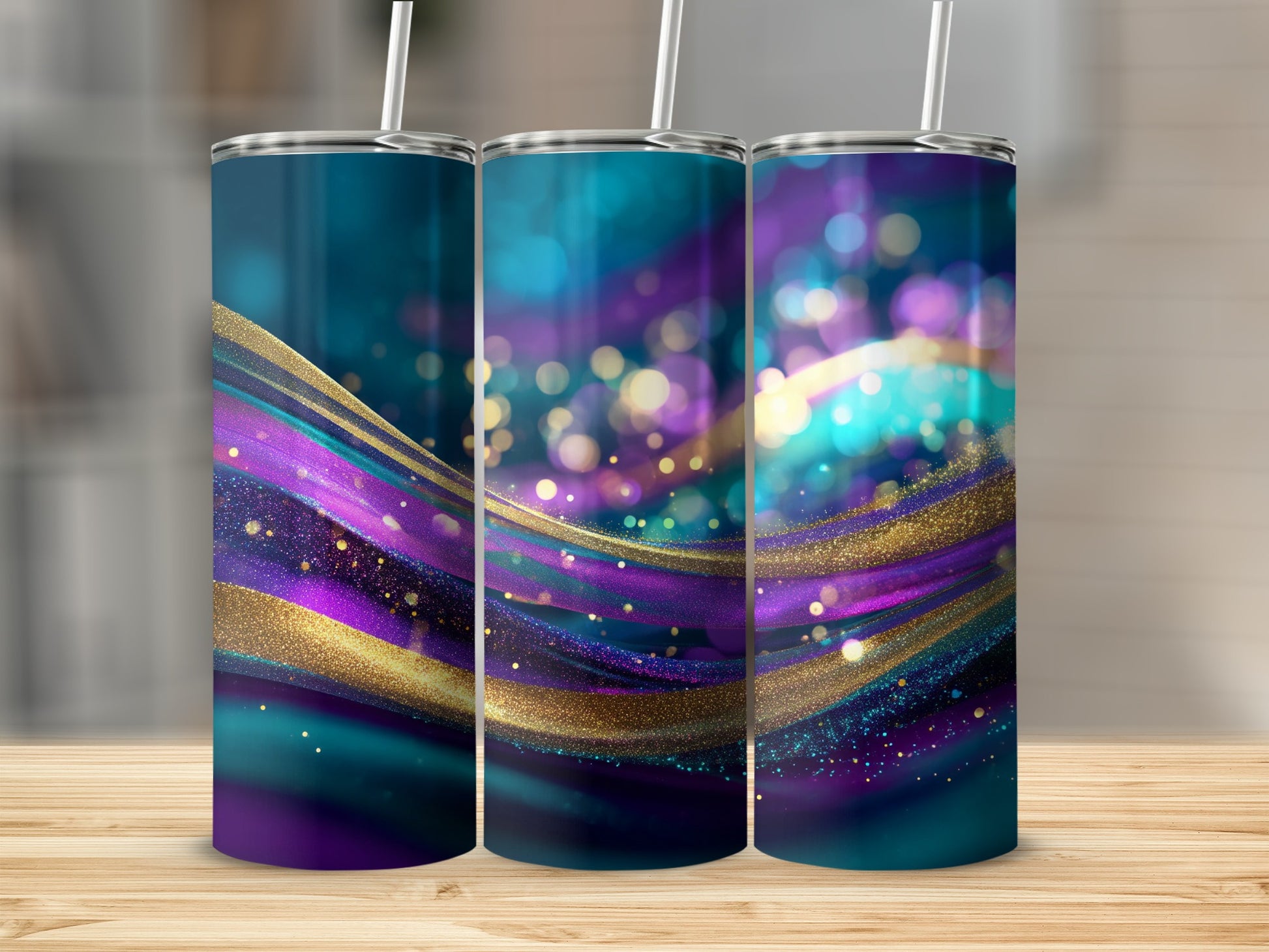 Teal Purple Gold Glitter Abstract Bokeh Tumbler product type