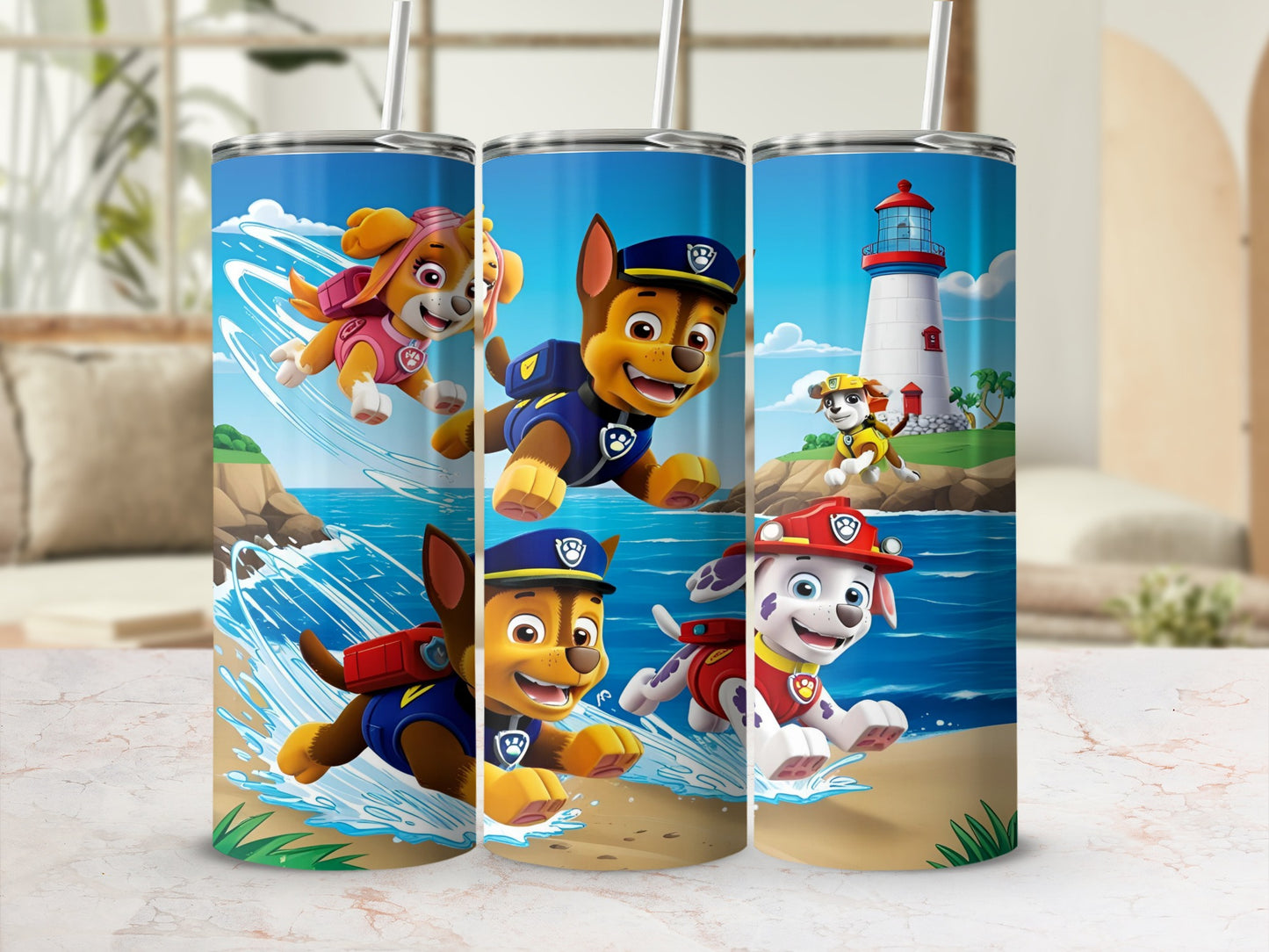Paw Patrol dogs Skye, Chase, and Marshall running on a beach near a lighthouse.