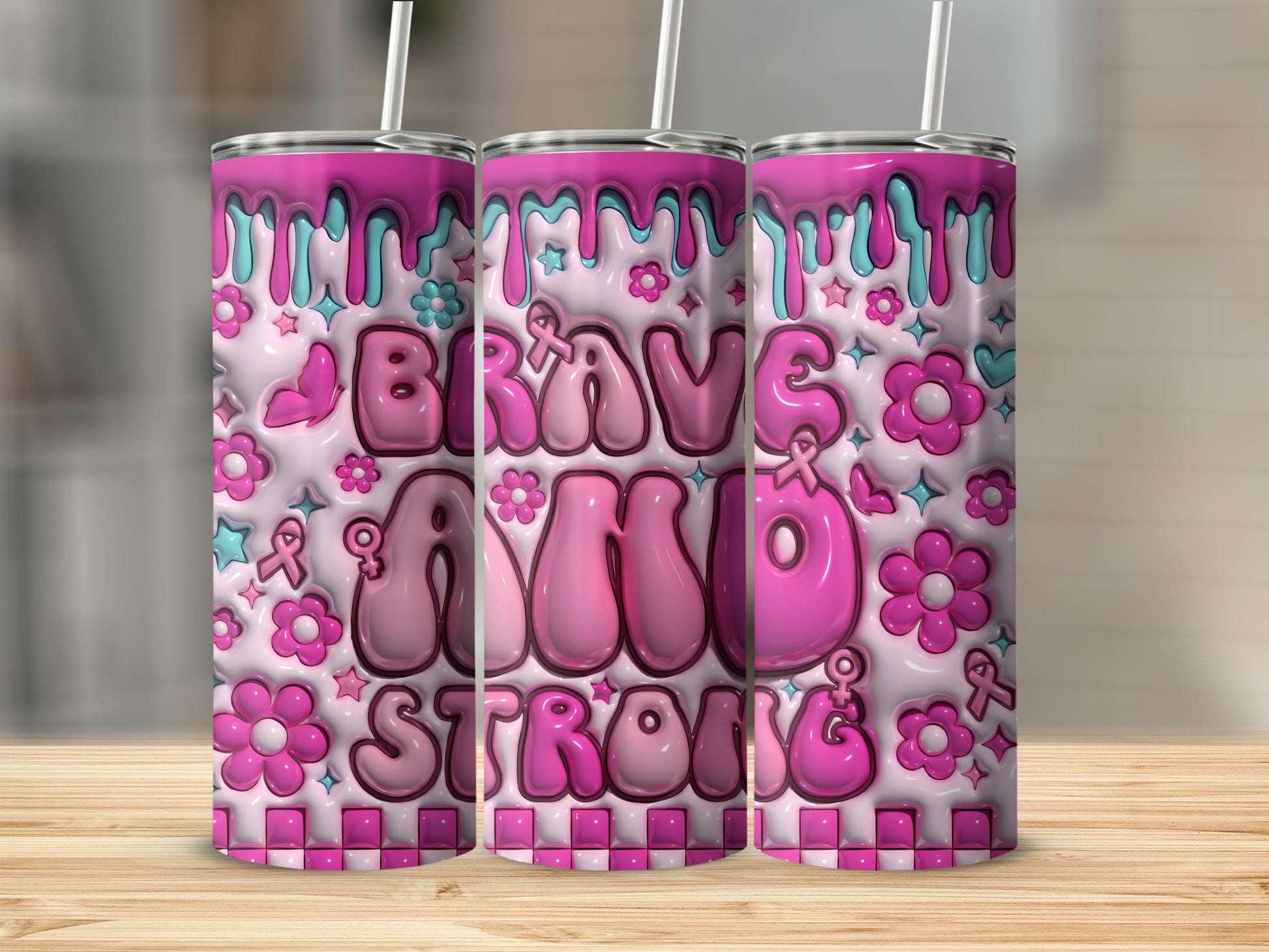 BRAVE AND STRONG Pink Blue Puffy Design Tumbler product type