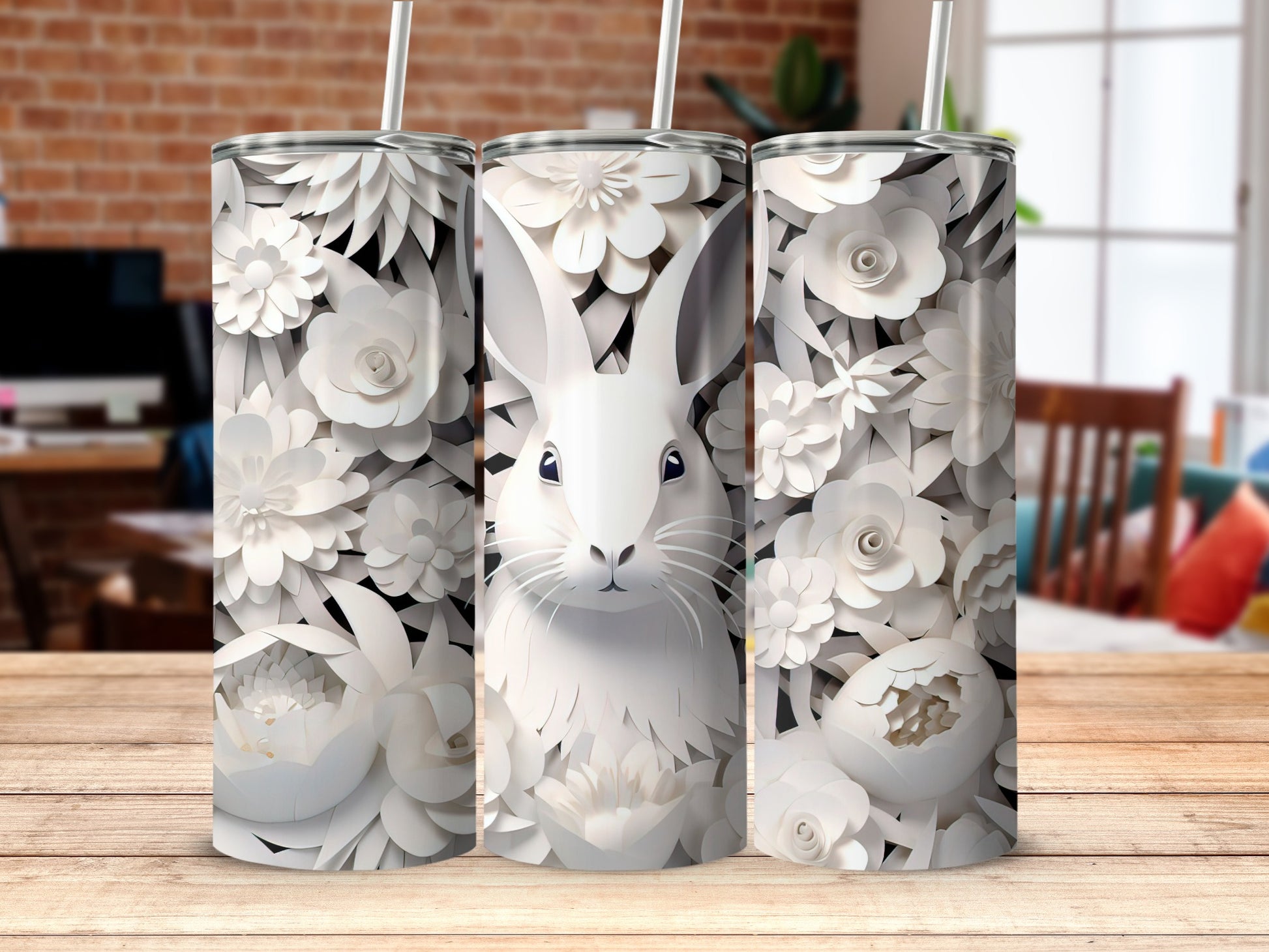 Floral Rabbit Design Double Wall Stainless Steel Tumbler