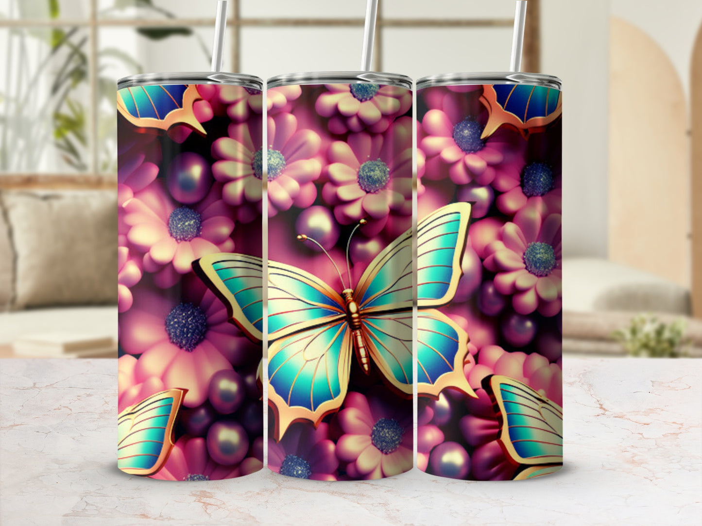 Pink and purple floral pattern with a turquoise butterfly on a tumbler.