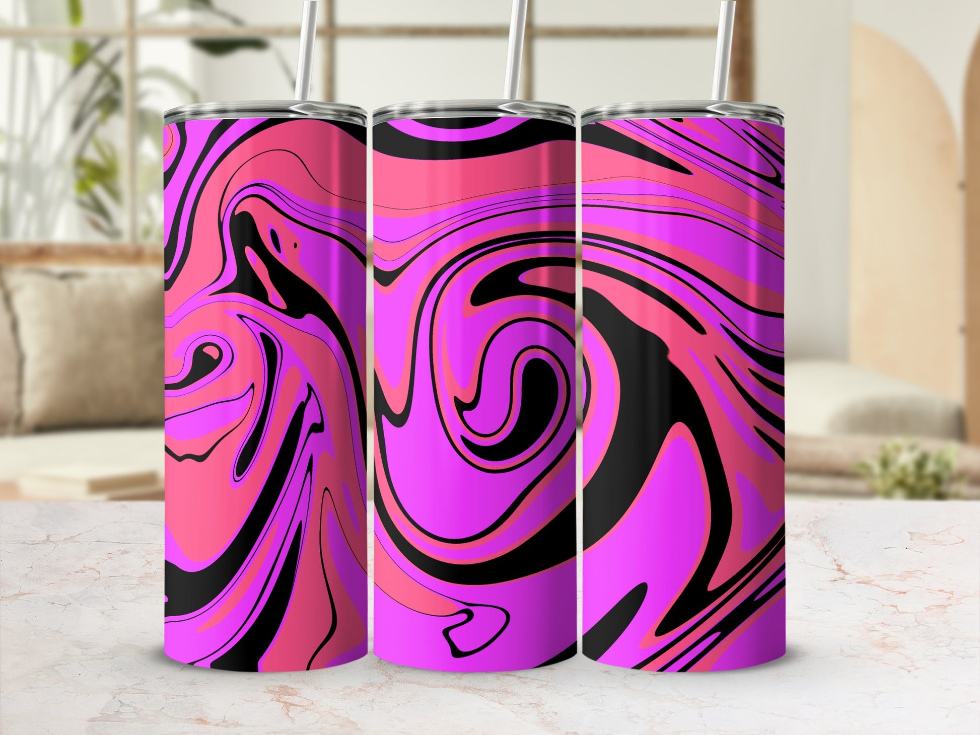 Vibrant Pink and Black Abstract Swirl Drinkware Tumbler