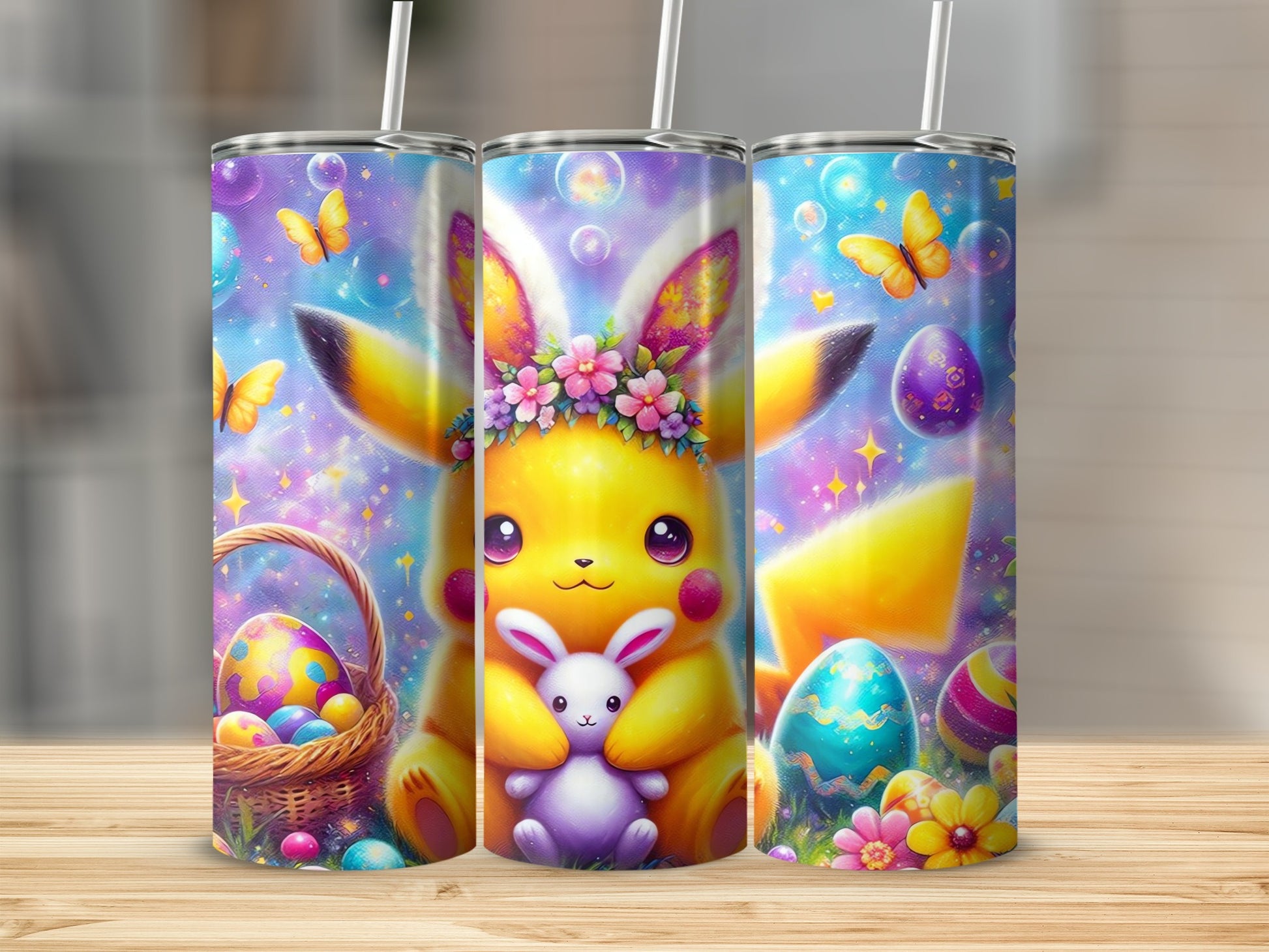 Pikachu Bunny Easter Eggs Butterflies Bubbles Tumbler