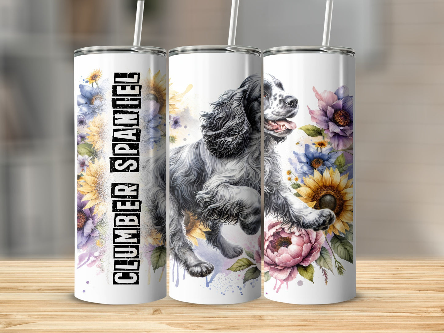 Clumber Spaniel illustration with sunflowers and flowers on a tumbler.