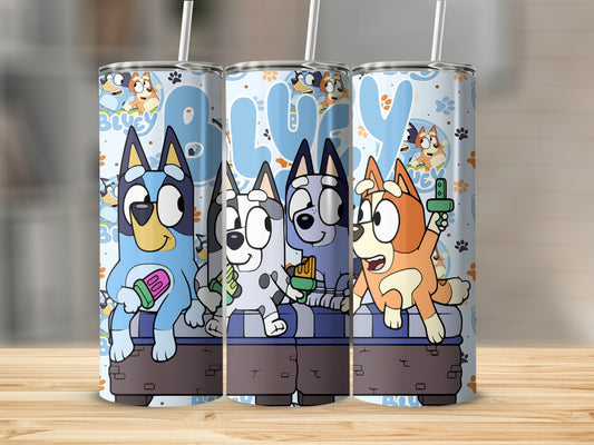 Bluey and Bingo characters on a blue, white, and orange patterned tumbler.